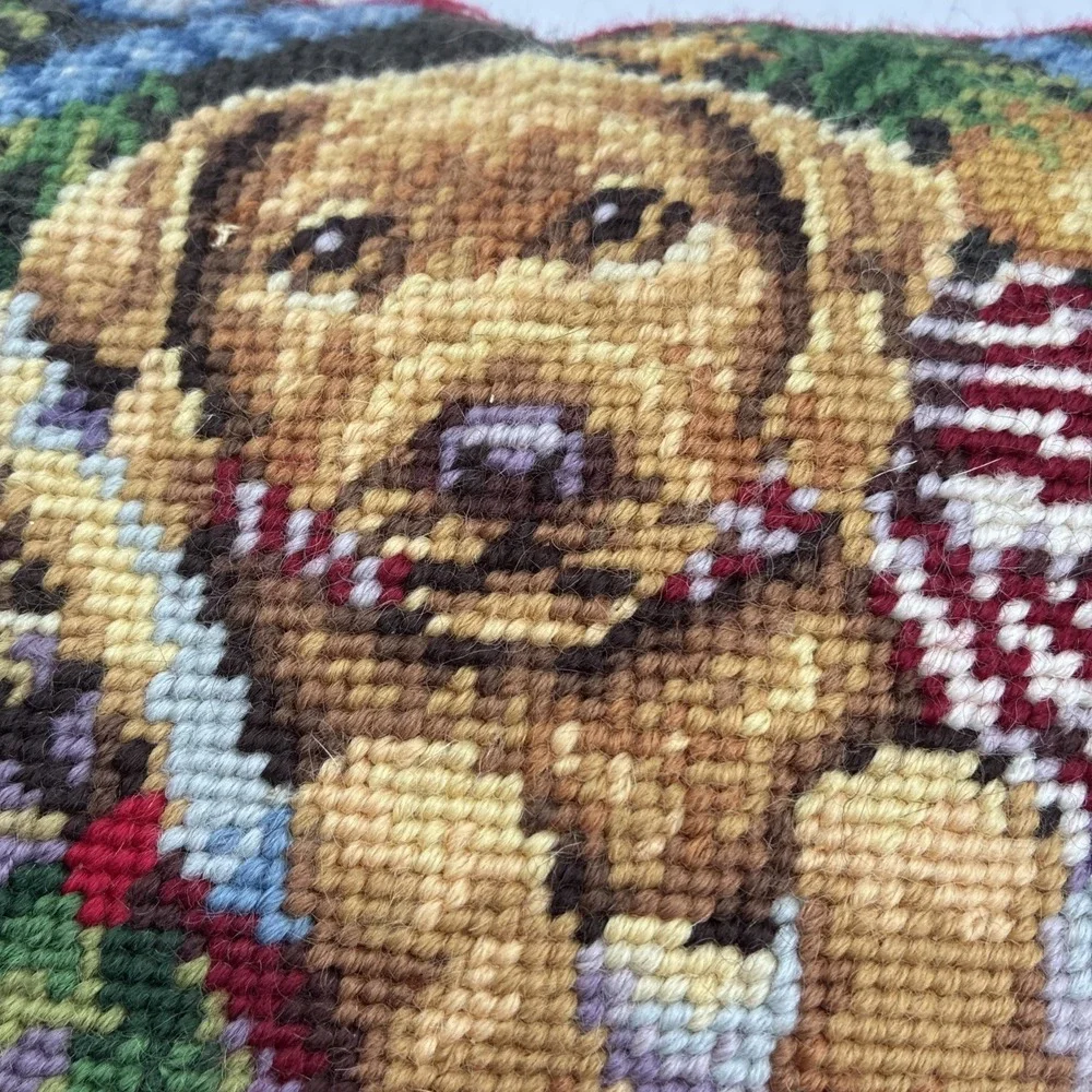 Vintage Christmas Needlepoint Pillow Golden Retriever Puppy in Boot Red Velvet